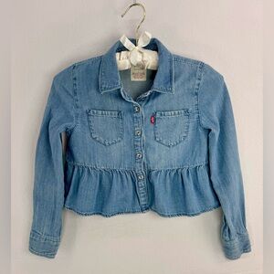 Levis Girl’s Denim Long Sleeve Ruffle Peplum Hem Button Front shirt Sz S 8-10 y